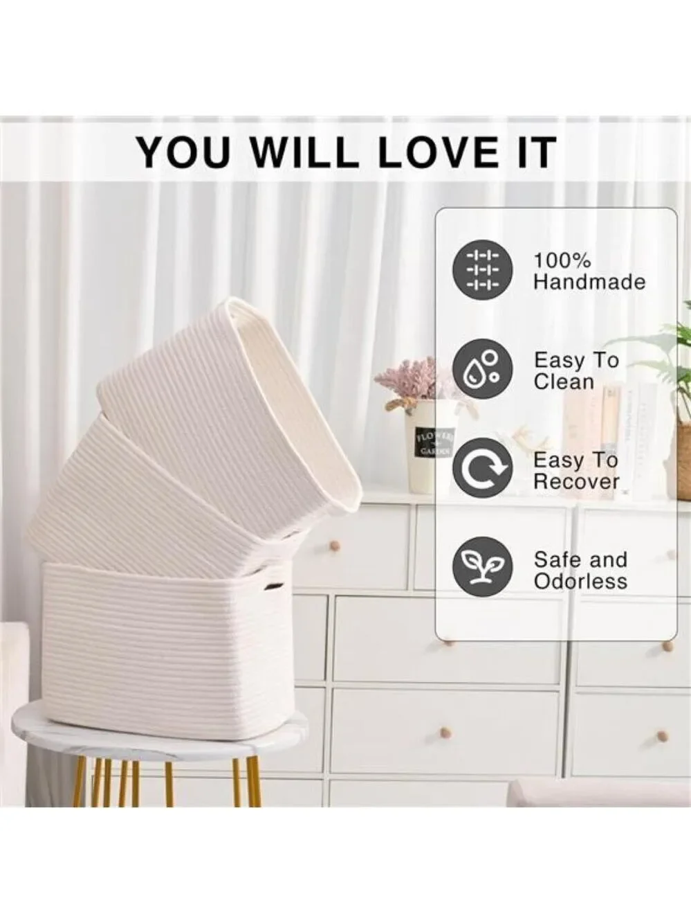 Woven Cotton Rope Storage Baskets for Shelves Nursery Toys Books Towels Set 3